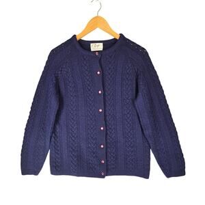 RAJE LTD VINTAGE NAVY CABLE KNIT CARDIGAN – WOMEN’S MEDIUM – PINK PEARL BOTTONS